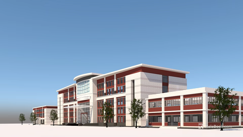 Modern Red and White Office Building Exterior With Glass Facade and Trees 3d model 