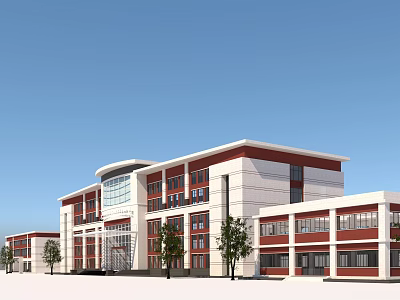 Modern Red and White Office Building Exterior With Glass Facade and Trees 3d model