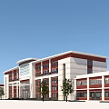 Modern Red and White Office Building Exterior With Glass Facade and Trees