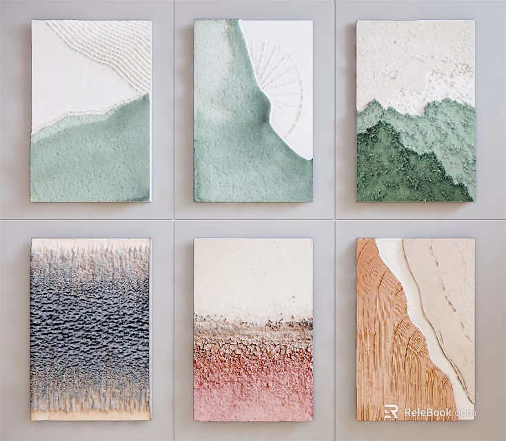 Abstract Textured Wall Art Paintings with Green Blue Pink Orange Tones 3d model 