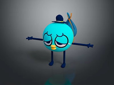 Game Movie Character With Blue Spherical Body Closed Eyes Yellow Mouth Blue Limbs And Hat 3d model