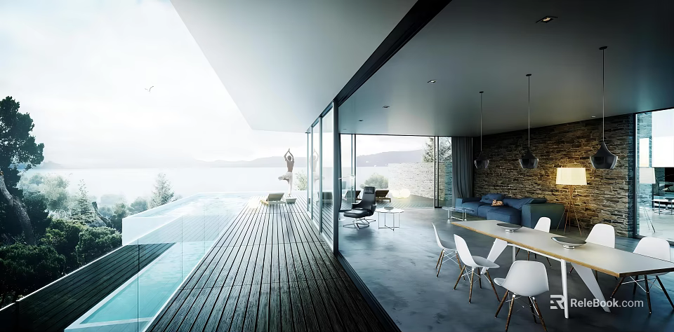 Modern Living and Dining Area With Open Layout Large Windows Wooden Deck Scenic Lake View White Chairs 3d model 