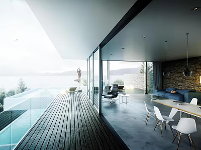 Modern Living and Dining Area With Open Layout Large Windows Wooden Deck Scenic Lake View White Chairs 3d model