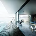 Modern Living and Dining Area With Open Layout Large Windows Wooden Deck Scenic Lake View White Chairs