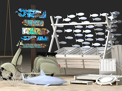 Eclectic Decorative Scene With Colorful Graffiti Arrows White Fish Decorations Light Green Scooter Shark Cushion 3d model