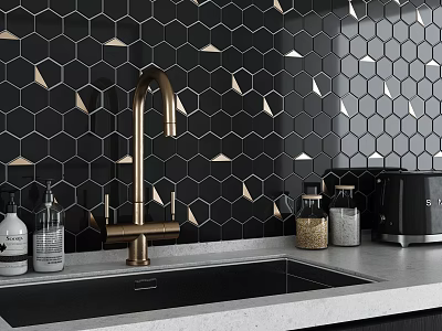Modern Kitchen Countertop With Black Sink Brass Faucet And Hexagonal Tiles 3d model