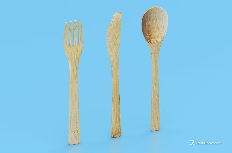 Wooden Cutlery Set Including Fork Knife And Spoon On Blue Background 3d model 