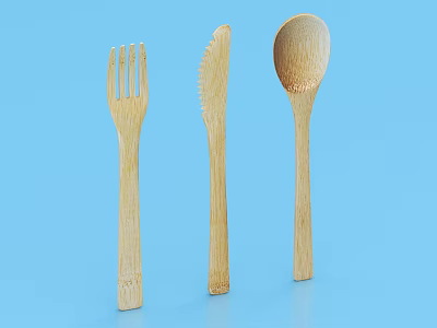 Wooden Cutlery Set Including Fork Knife And Spoon On Blue Background 3d model