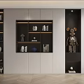 Modern Modular Bookcase Design With White And Dark Panels Decorative Sculptures Books And LED Lighting