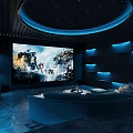 Modern Home Theater Room With Starry Ceiling Large Screen Blue Lighting And Comfortable Sofa Rug
