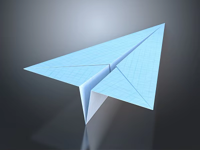Light Blue 3D Paper Airplane With Grid Pattern On Dark Reflective Backdrop 3d model