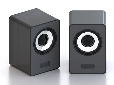 Pair of Black Square Desktop Speakers with Round Speaker Units and Sleek Design 3d model
