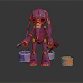 Purple Mechanical Rabbit Like Robot Character Painting With Colorful Paint Buckets On Reflective Floor
