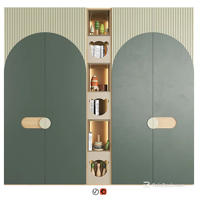 Modern Green Wardrobe Design With Arched Doors Wooden Handles And Middle Open Shelves 3d model 