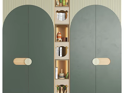 Modern Green Wardrobe Design With Arched Doors Wooden Handles And Middle Open Shelves 3d model