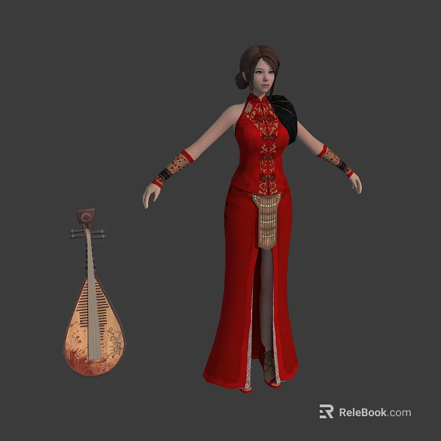 Elegant Chinese Female Character in Red Cheongsam with Phoenix Patterns and Pipa Instrument 3d model 