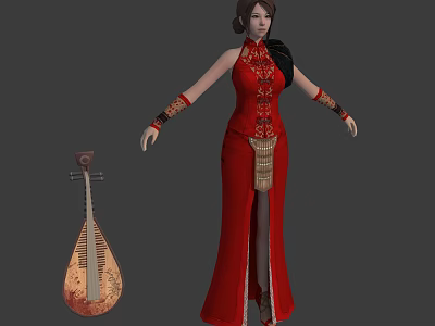 Elegant Chinese Female Character in Red Cheongsam with Phoenix Patterns and Pipa Instrument 3d model