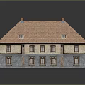 Traditional Two Story Residential Building With Red Tile Roof Brick Exterior Multiple Windows And Chimneys