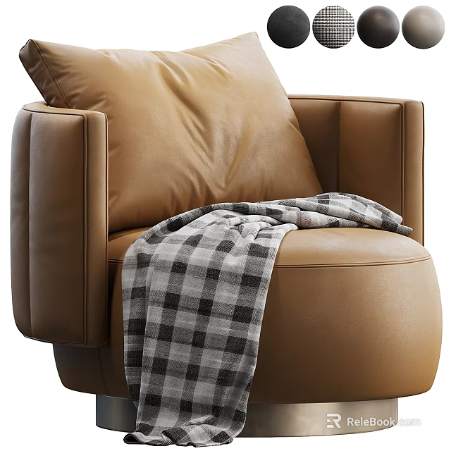 Brown Leather Leisure Chair With Rounded Armrests And Plaid Blanket 3d model 