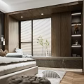 Modern Bedroom With Wooden Walls Upholstered Headboard Striped Bedding Round Table Lamp And White Rug