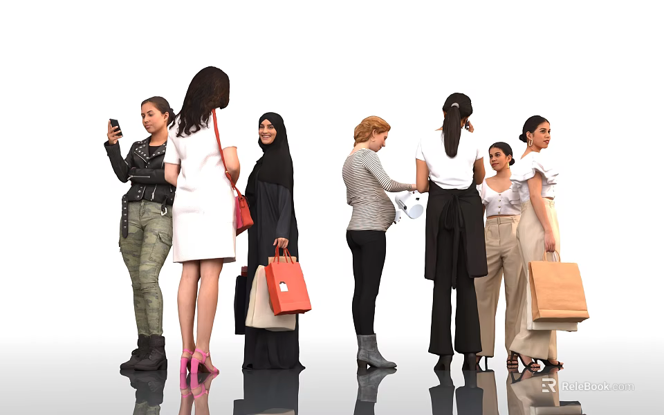 Group of Diverse Women Standing Together With Shopping Bags And Smartphones 3d model 