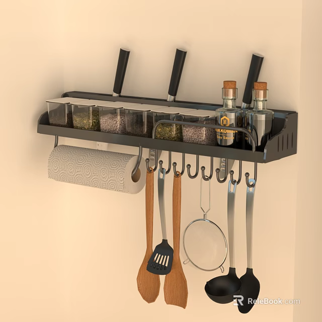 Kitchen Utensil Set On Wall Mounted Rack With Tools 3d model 