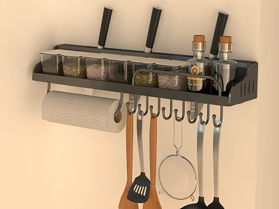 Kitchen Utensil Set On Wall Mounted Rack With Tools 3d model