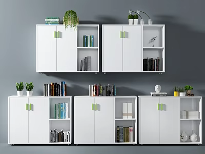 White Console Cabinet and Side Cabinet with Green Handles Storage Books Decorations and Potted Plants 3d model