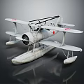 Vintage White Biplane Seaplane With Red Star Markings And Floats