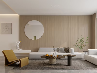 Modern Living Room Interior With Wooden Wall Round Mirror Beige Sofa And Yellow Armchair 3d model