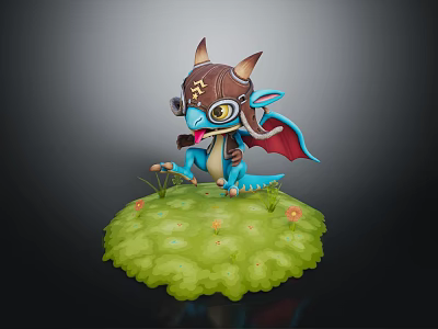 Cute Horned Dragon With Goggles Blue Body Red Wings On Green Grass And Flowers 3d model