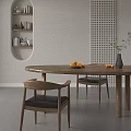 Wooden Oval Dining Table with Black Leather Chairs Fruit Plate and Green Plant Vase