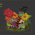 Vibrant Red And Yellow Flowers Around Mushroom House With Green Grass And Pathway