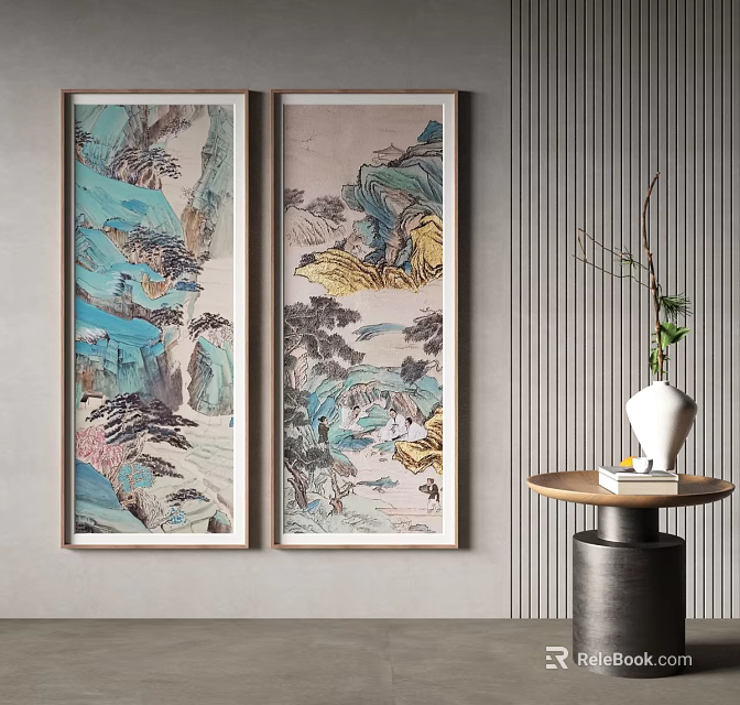 Two Traditional Chinese Landscape Paintings Hanging On Interior Wall Art 3d model 