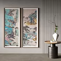 Two Traditional Chinese Landscape Paintings Hanging On Interior Wall Art
