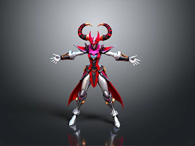 Mythical Fantasy 3D Character With Red Purple Armor Horns And Flowing Cape 3d model