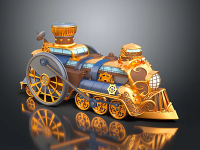 Golden And Blue Decorative Steam Train With Intricate Gears And Wheels 3d model