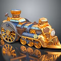 Golden And Blue Decorative Steam Train With Intricate Gears And Wheels