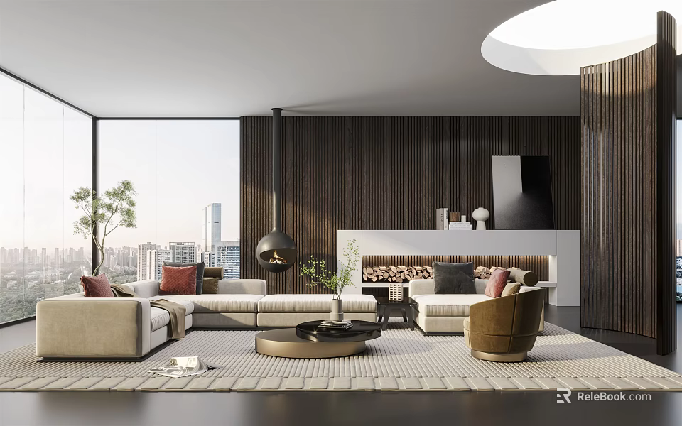 Modern Living Room With Large Windows City View Wooden Wall Round Pendant Light And Sofa 3d model 