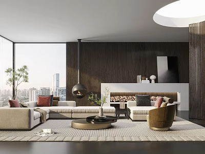 Modern Living Room With Large Windows City View Wooden Wall Round Pendant Light And Sofa 3d model