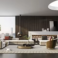 Modern Living Room With Large Windows City View Wooden Wall Round Pendant Light And Sofa