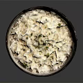 Cooked White Rice Topped With Fresh Herbs In Ceramic Bowl On Dark Background
