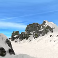 Snow Covered Mountain Landscape With Rocky Cliffs Green Vegetation And Blue Sky