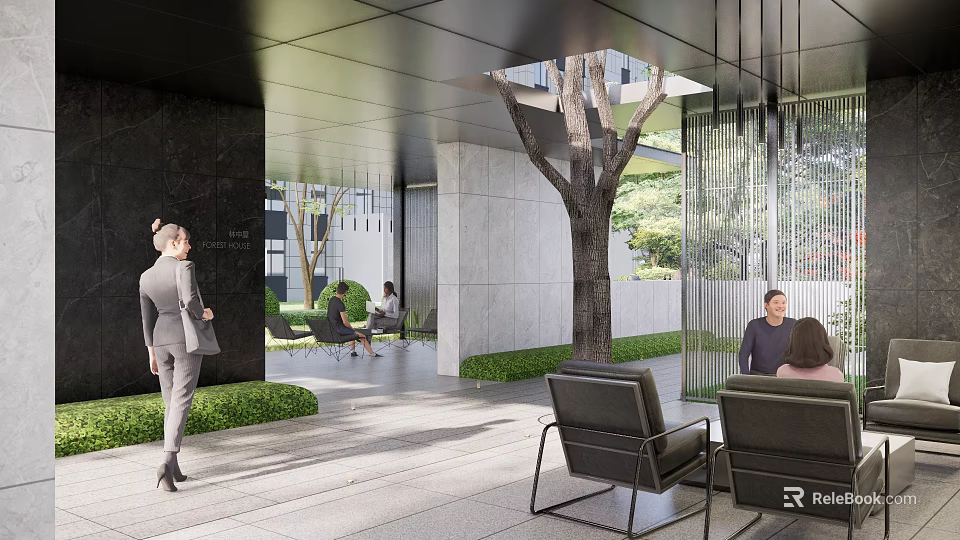 Modern Pergola Outdoor Space With Seating Area Trees Lawn And People Relaxing Walking 3d model 