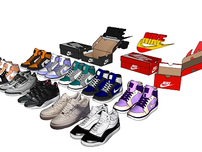 Various Colors And Styles Shoes Displayed With Shoe Boxes And Yellow Logo 3d model