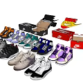 Various Colors And Styles Shoes Displayed With Shoe Boxes And Yellow Logo