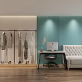 Modern Clothing Store Interior With Hanging Clothes Display Racks Soft Lighting And Curtain Accents