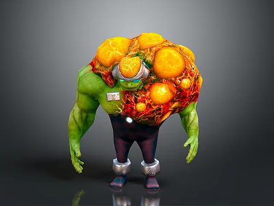Muscular Green Skinned Creature With Orange Bulbous Growths Goggles And Dark Pants 3d model