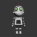 Silver Robot Character With Green Eyes Red Antenna And R2 Label Standing On Dark Background