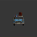Vintage Blue Station Wagon with Surfboard and Green Suitcase on Roof